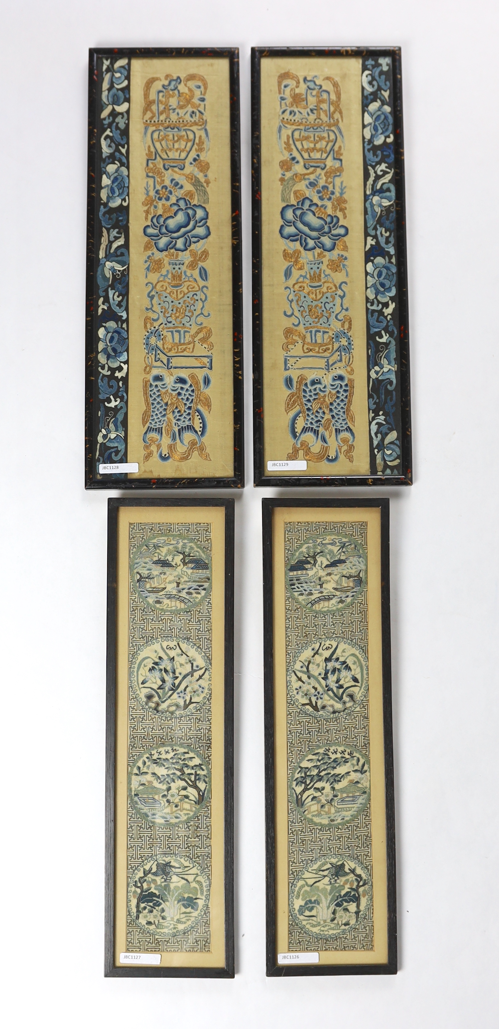 Two pairs of 19th century framed Chinese silk embroidered sleeves bands, one pair embroidered in fine silk petit point on a muslin ground, designed with four roundel scenes on a stylised brick designed background, the ot